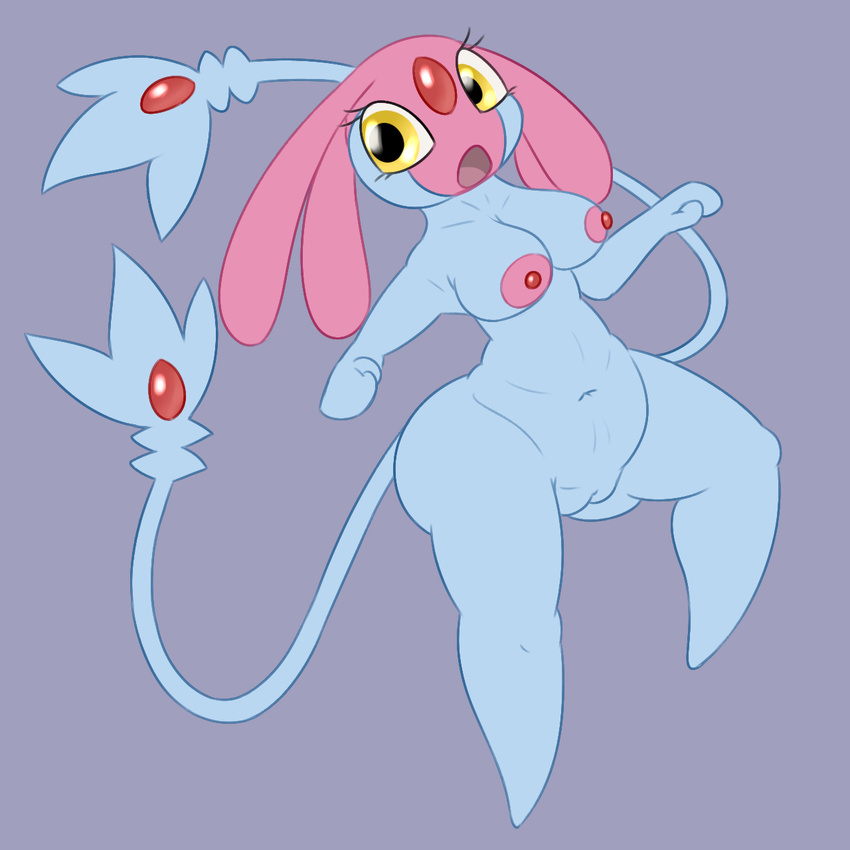 anthro areola big_breasts blue_skin breasts butt erect_nipples eyelashes female hi_res humanoid legendary_pok&eacute;mon mammal mesprit navel nintendo nipples nude open_mouth pink_skin pok&eacute;mon posexe pussy simple_background slightly_chubby solo spread_legs spreading thick_thighs tongue video_games voluptuous wide_hips yellow_eyes