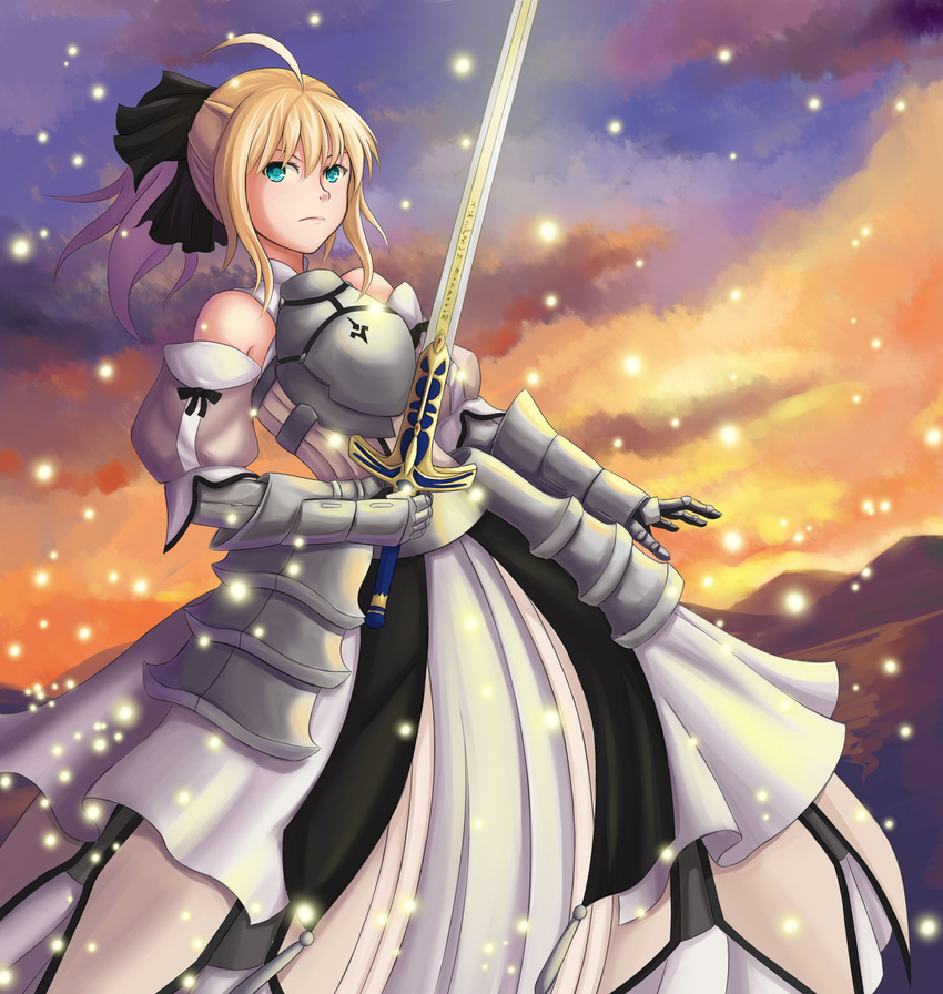 ahoge armor armored_dress artoria_pendragon_(all) blonde_hair caliburn cloud detached_sleeves fate/stay_night fate/unlimited_codes fate_(series) green_eyes hair_ribbon highres mountain ponytail ribbon saber saber_lily sky solo sword weapon willgoon