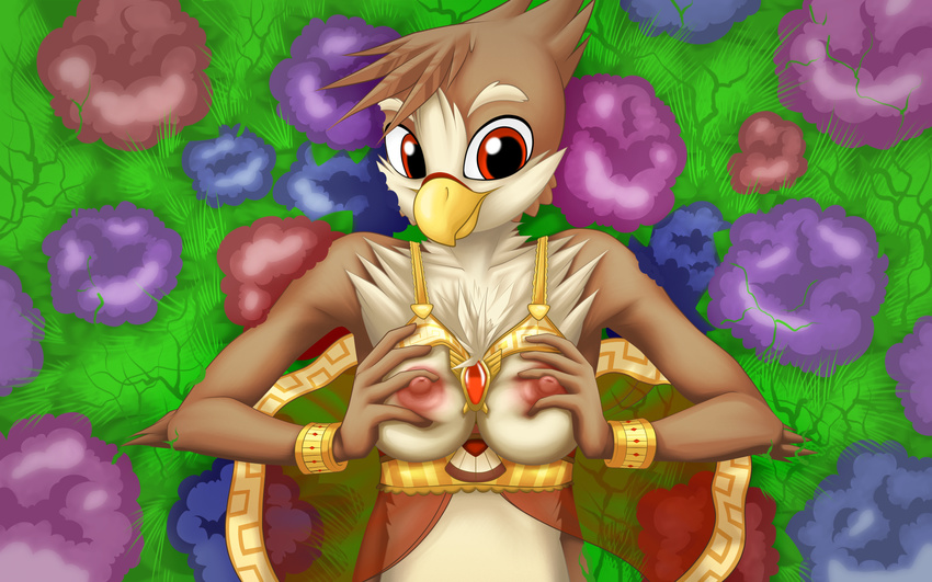 2016 anthro avian avian_(starbound) beak beasts bra breast_grab breast_squeeze breasts brown_feathers clothing cupless_bra fan_character feathers female flower flower_bed grass half-length_portrait hand_on_breast hi_res lingerie looking_at_viewer lying mysticalpha nipples on_back plant portrait red_eyes ruby_rustfeather solo starbound underwear video_games