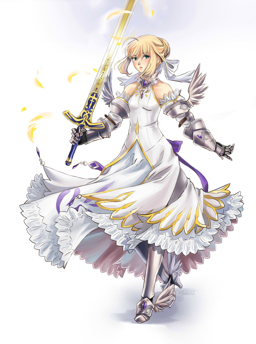absurdres ahoge armor armored_boots artoria_pendragon_(all) blonde_hair boots caliburn detached_sleeves fate/stay_night fate/unlimited_codes fate_(series) green_eyes highres princess_ailish saber saber_lily solo