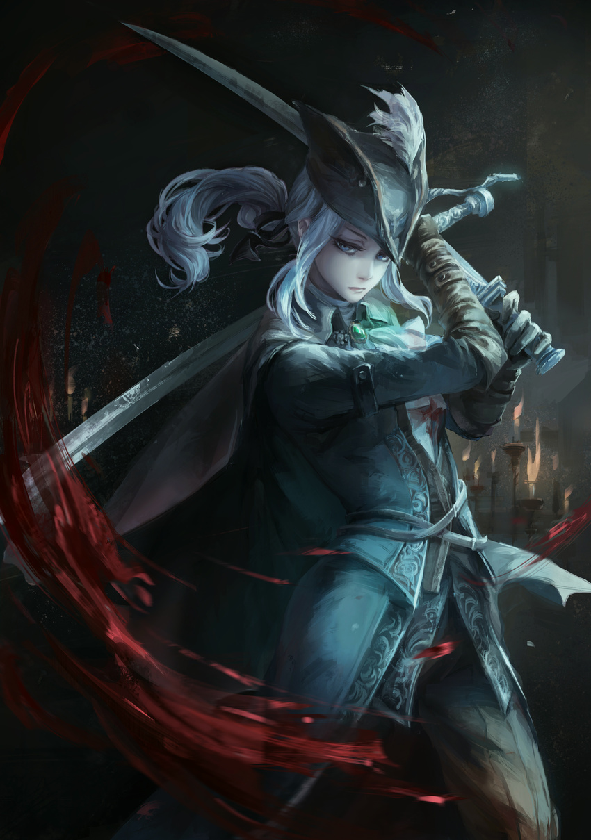 absurdres blood bloodborne blue_eyes candle cowboy_shot gloves hat highres jlien- lady_maria_of_the_astral_clocktower long_hair ponytail rakuyo_(bloodborne) serious solo standing sword the_old_hunters tricorne weapon white_hair