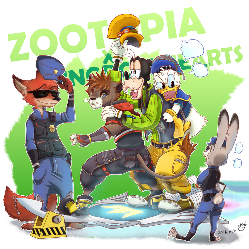 annoyed canine chain clothing digital_media_(artwork) disney donald_duck feline female fox fur goofy_(disney) herb judy_hopps kingdom_hearts lagomorph lion male mammal nick_wilde pockets police rabbit smug sora square_enix video_games zootopia