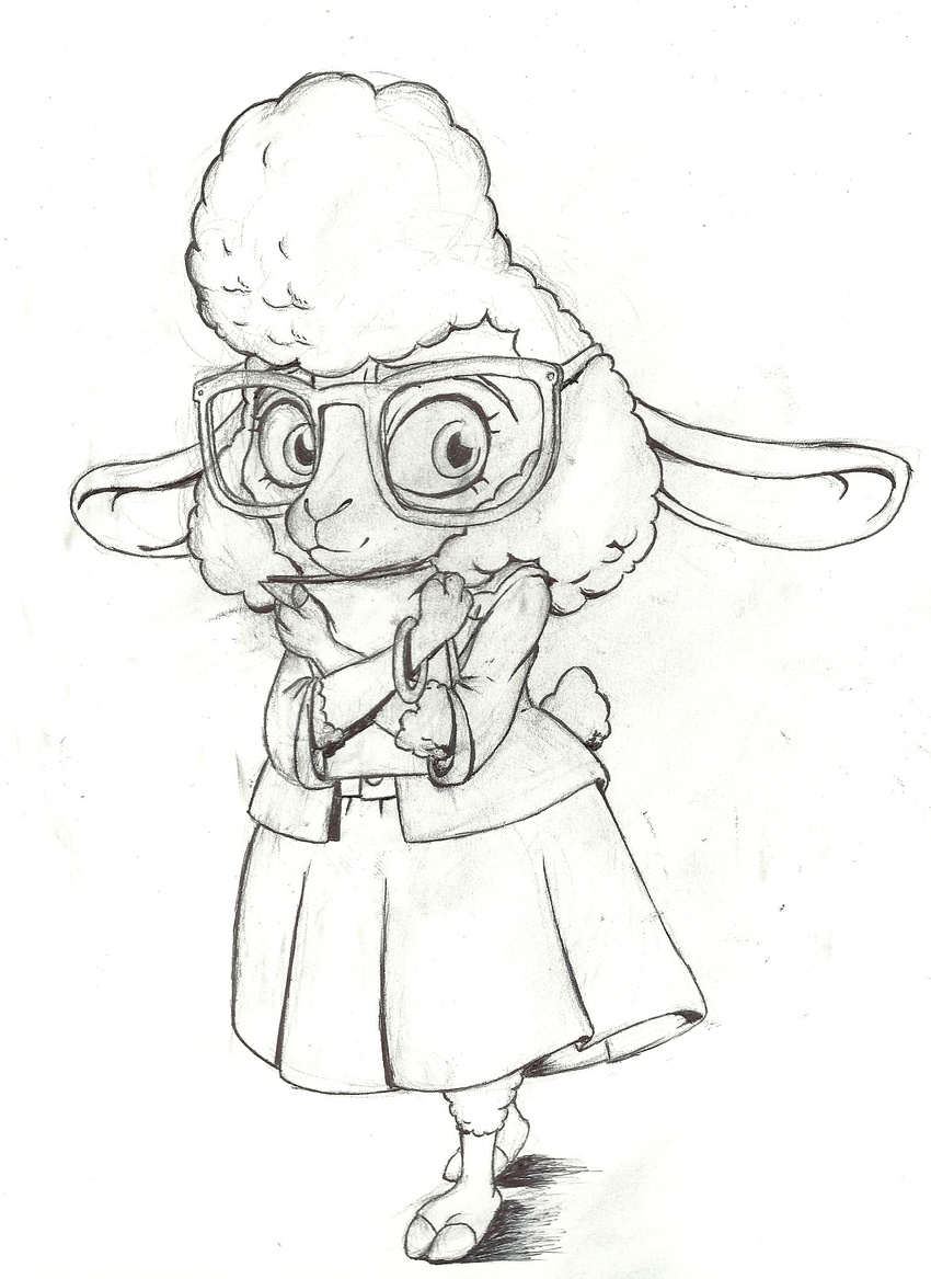 anthro black_and_white caprine clothing dawn_bellwether disney dress eyelashes eyewear female glasses mammal mon311 monochrome paper sheep smile solo zootopia