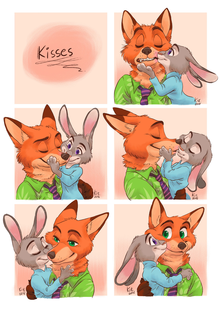 2016 canine clothing disney duo eyes_closed female fox fur hi_res judy_hopps kissing kit-ray-live lagomorph male mammal necktie nick_wilde rabbit simple_background zootopia