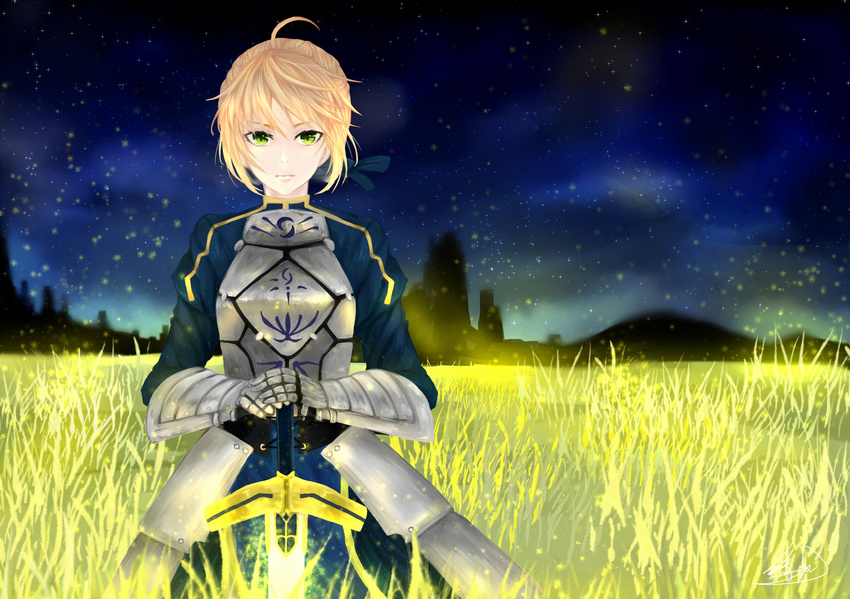 ahoge armor artoria_pendragon_(all) blonde_hair breastplate cape excalibur fate/stay_night fate_(series) field green_eyes highres karen_ngao planted_sword planted_weapon saber sky solo star_(sky) starry_sky sword type-moon weapon