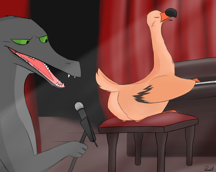 avian bird butt dinosaur flamingo gerry microphone musical_instrument piano raptor razorbill show smirk texan theropod