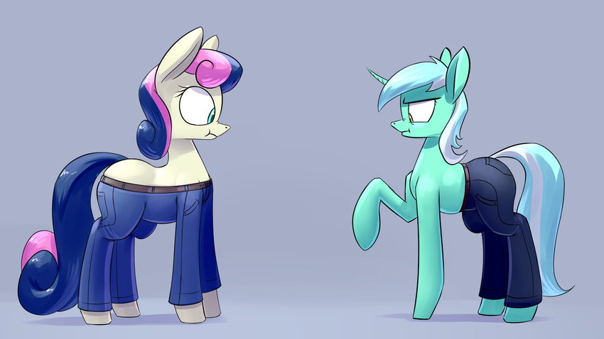 2016 bonbon_(mlp) clothed clothing duo earth_pony equine female feral friendship_is_magic frown grey_background hair horn horse lyra_heartstrings_(mlp) mammal multicolored_hair my_little_pony pants pony simple_background standing two_tone_hair underpable unicorn