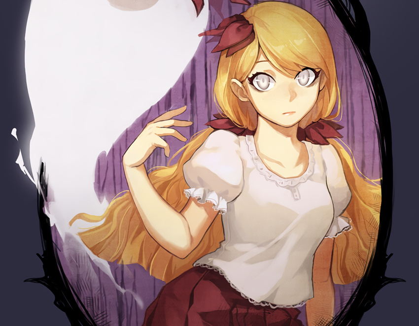 akon blonde_hair cropped don't_starve gray_eyes long_hair mirror skirt waifu2x wendy_(don't_starve)