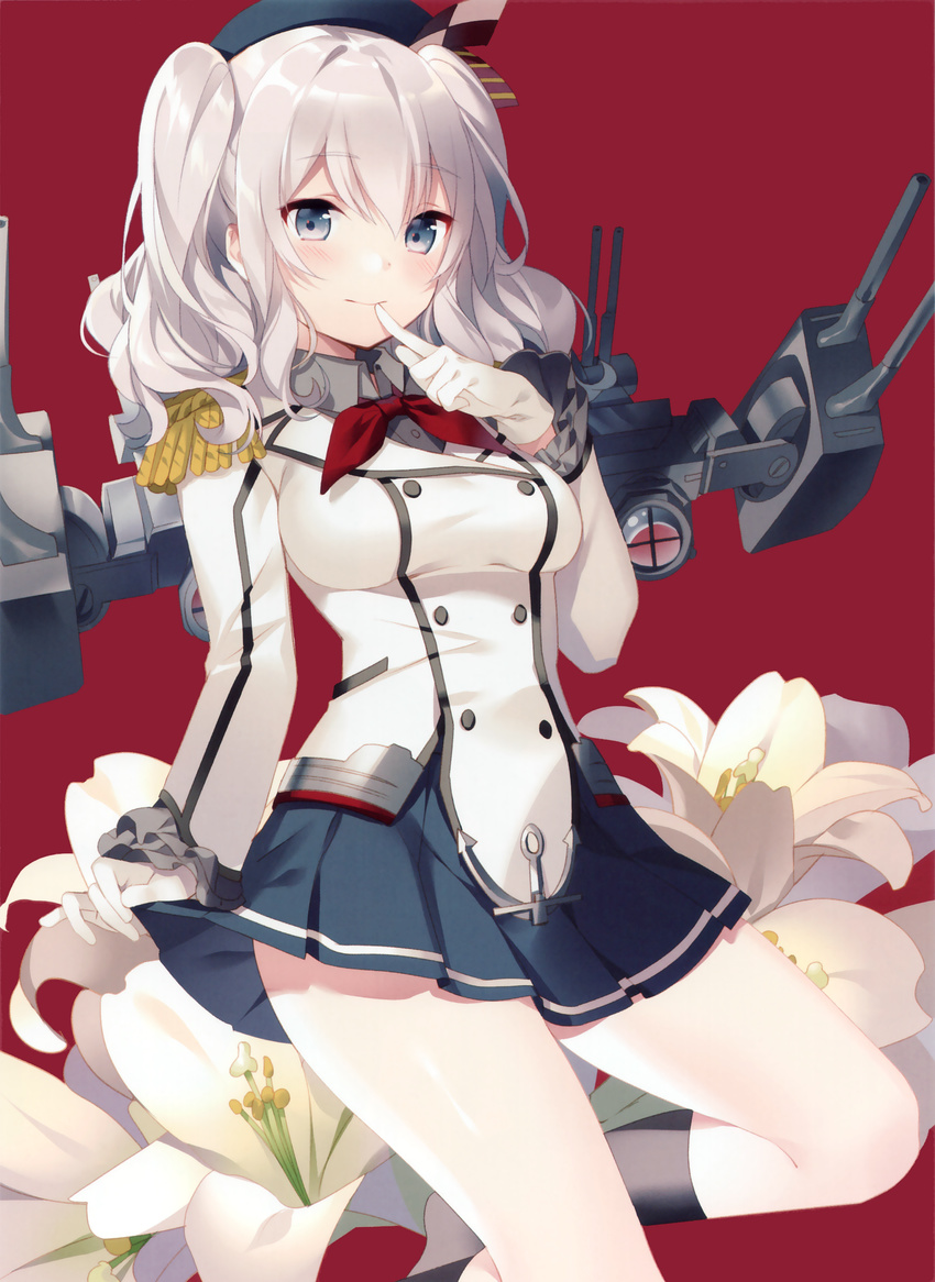 3: absurdres blush breasts epaulettes finger_to_mouth flower gloves hat highres kantai_collection kashima_(kantai_collection) kneehighs lily_(flower) medium_breasts red_background rigging riv silver_eyes silver_hair skirt skirt_lift smile solo