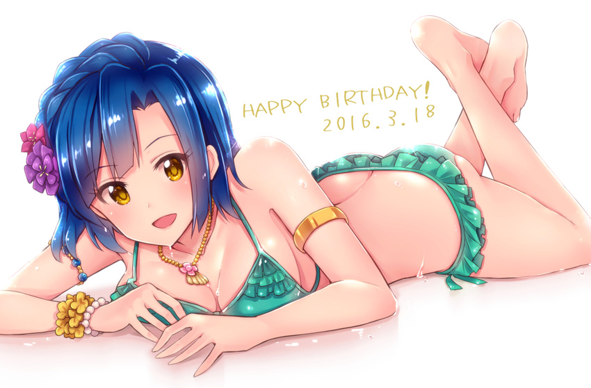 bad_id bad_pixiv_id bikini blue_hair blush breasts cleavage dated flower hair_flower hair_ornament happy_birthday idolmaster idolmaster_million_live! ima_(lm_ew) looking_at_viewer lying medium_breasts nanao_yuriko on_stomach open_mouth short_hair smile solo swimsuit yellow_eyes