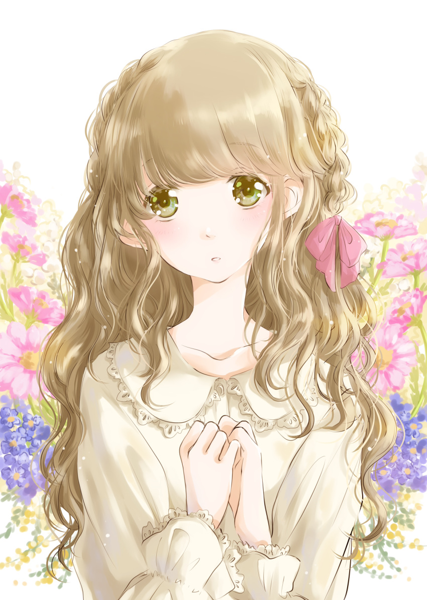 1girl absurdres arms_up bangs blouse blush braid brown_eyes collarbone commentary_request eyebrows_visible_through_hair floral_background flower french_braid hair_ribbon hands_on_own_chest hands_together head_tilt highres hoshiibara_mato light_brown_hair long_hair long_sleeves looking_at_viewer original parted_lips pink_ribbon ribbon solo spring_(season) upper_body wavy_hair white_background white_blouse