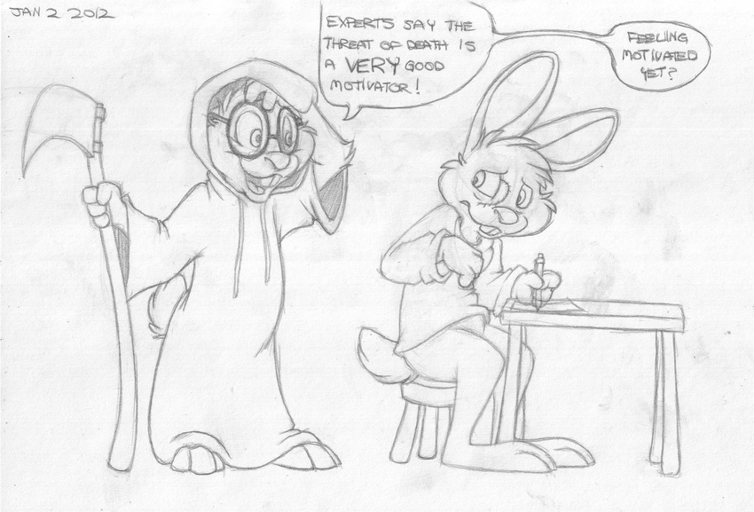 2012 anthro barefoot bottomless buckteeth clothed clothing costume death_(personification) dialogue disguise duo english_text eyewear facial_scar glasses greyscale holding_object holding_weapon joe_muck lagomorph male mammal melee_weapon mizzyam monochrome nigel_stup open_mouth pencil_(artwork) pencil_(object) polearm rabbit robe scared scythe sitting smile speech_bubble standing teeth text traditional_media_(artwork) weapon writing