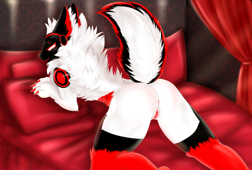 absurd_res anthro bed black_fur butt cybernetics female fur hair hi_res kaviki looking_at_viewer lying machine mammal noisy_(character) nude presenting protogen pussy rear_view red_fur robot romantic simple_background white_fur
