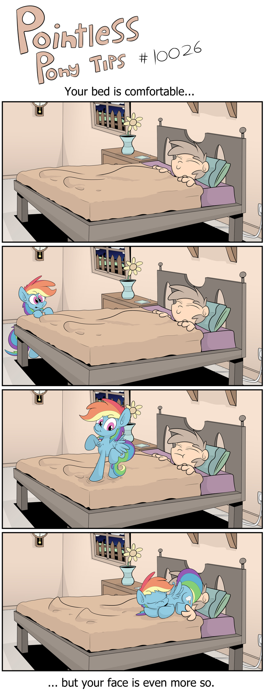 2016 absurd_res blue_fur comic cutie_mark duo english_text equine eyes_closed facesitting female feral flower friendship_is_magic fur hair hi_res inside jittery-the-dragon male mammal multicolored_hair multicolored_tail my_little_pony pegasus pillow plant rainbow_dash_(mlp) rainbow_hair rainbow_tail sleeping smile text wings