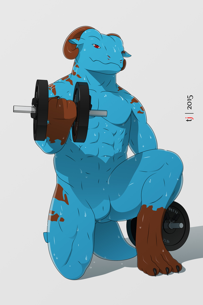 2015 4k abs animal_genitalia biceps claws cloaca exercise heat_pits horn kneeling lifting lizard looking_at_viewer muscular pecs perineum red_iris reptile scalie short_tail simple_background sweat tjdolphin white_background