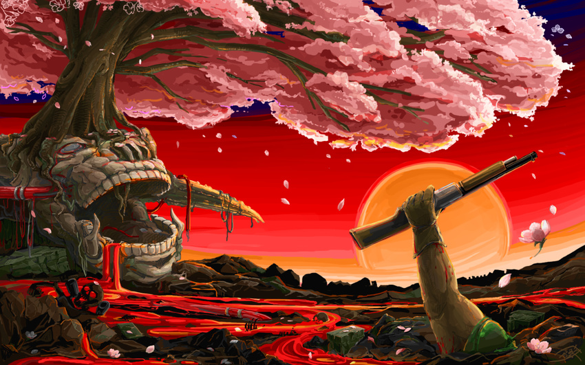 cherry_blossoms commentary doom_(game) doomguy gun icon_of_sin kurashiki_nanka md5_mismatch revenant_(doom) shotgun skeleton sun tree weapon
