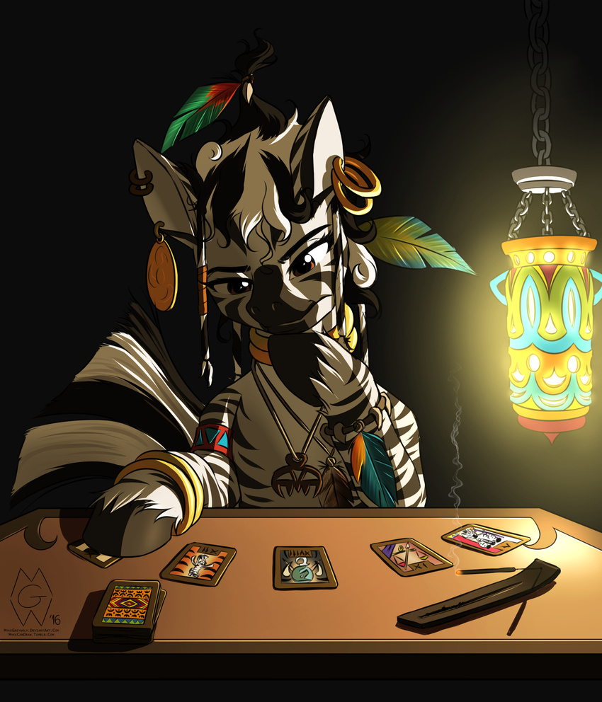 2016 bracelet brown_eyes card cards equine fan_character feathers gold_(metal) incense_stick jewelry lantern male mammal my_little_pony mykegreywolf neck_rings necklace piercing smoke solo tarot_card zebra