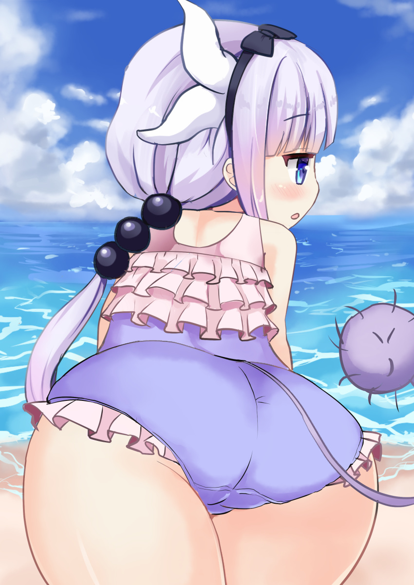 1girl ass bangs bare_shoulders beads black_bow blue_eyes blue_sky blush bow child cloud cloudy_sky cowboy_shot day dragon_girl dragon_horns dragon_tail eyebrows_visible_through_hair female frilled_swimsuit frills from_behind hair_beads hair_bow hair_ornament horns jitome kanna_kamui kobayashi-san_chi_no_maidragon long_hair one-piece_swimsuit open_mouth outdoors profile sideways_mouth sky solo swimsuit tail watarurikka water