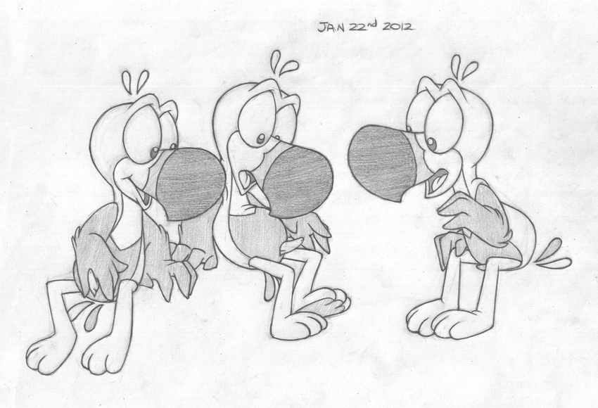 2012 animal_genitalia anthro avian bird cub erection froot_loops genital_slit greyscale group looking_at_penis male mizzyam monochrome nude open_mouth pencil_(artwork) penis sitting slit smile stare surprise tapering_penis toucan toucan_sam's_nephews traditional_media_(artwork) winged_arms wings young