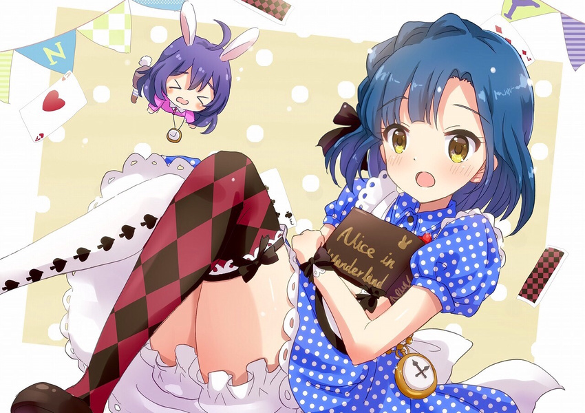 &gt;_&lt; ace alice_(wonderland) alice_(wonderland)_(cosplay) alice_in_wonderland animal_ears asymmetrical_legwear blue_hair blush book bunny_ears card chibi closed_eyes cosplay dress hair_ornament heart idolmaster idolmaster_million_live! long_hair mini39mame mismatched_legwear mochizuki_anna multiple_girls nanao_yuriko open_mouth playing_card polka_dot purple_hair short_hair thighhighs yellow_eyes