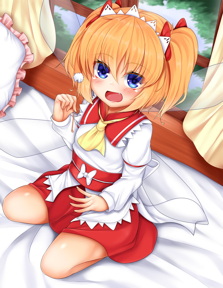 ascot bed blonde_hair blue_eyes blush bow fang frilled_pillow frills hair_bow highres holding insect_wings long_sleeves looking_at_viewer maid_headdress mimikaki open_mouth pillow seiza sitting skirt skirt_set solo sunny_milk tokoya_(ex-hetare) touhou twintails two_side_up window wings
