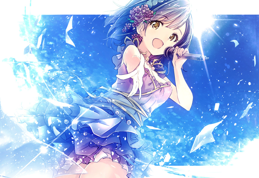 blue_hair blush dress flower frilled_dress frills hair_flower hair_ornament holding idolmaster idolmaster_million_live! ima_(lm_ew) jewelry looking_at_viewer microphone nanao_yuriko necklace open_mouth outstretched_arm ribbon short_hair smile solo yellow_eyes