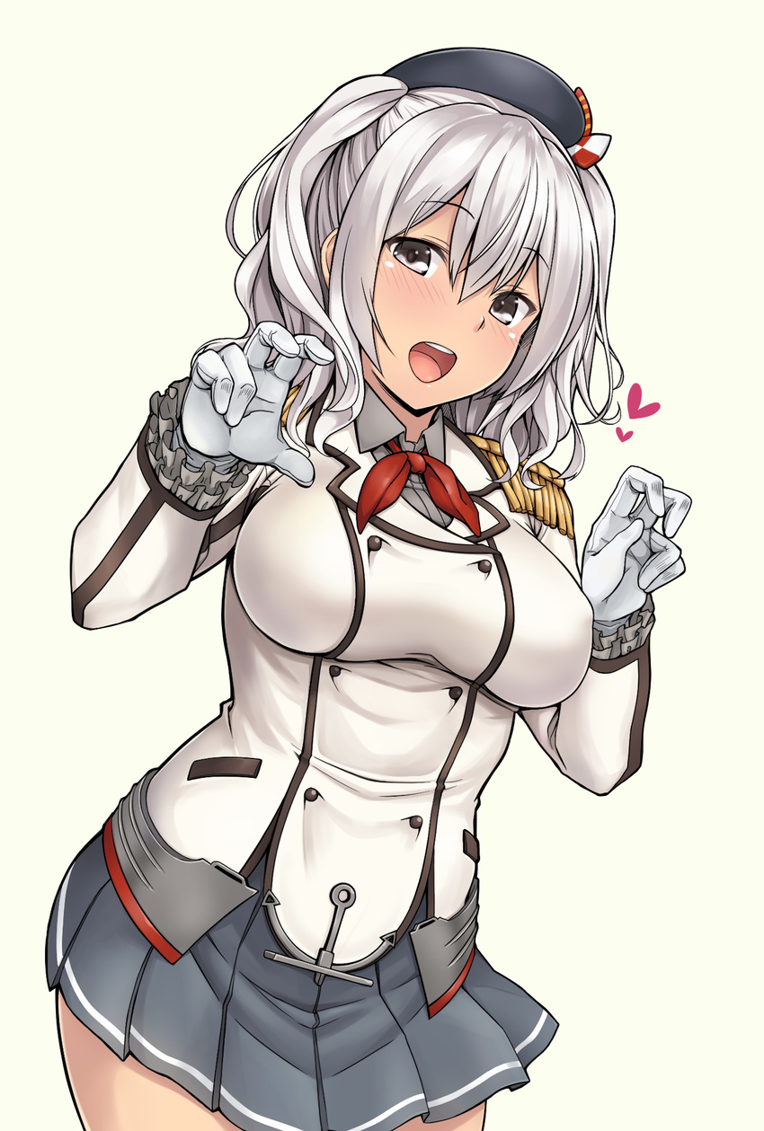 beret blush breasts epaulettes frilled_sleeves frills gloves grey_eyes hat highres jacket kantai_collection kashima_(kantai_collection) kerchief large_breasts long_hair long_sleeves looking_at_viewer military military_uniform miniskirt open_mouth pleated_skirt red_ribbon ribbon satou_samu sidelocks silver_hair simple_background skirt smile solo tsurime twintails uniform wavy_hair white_gloves