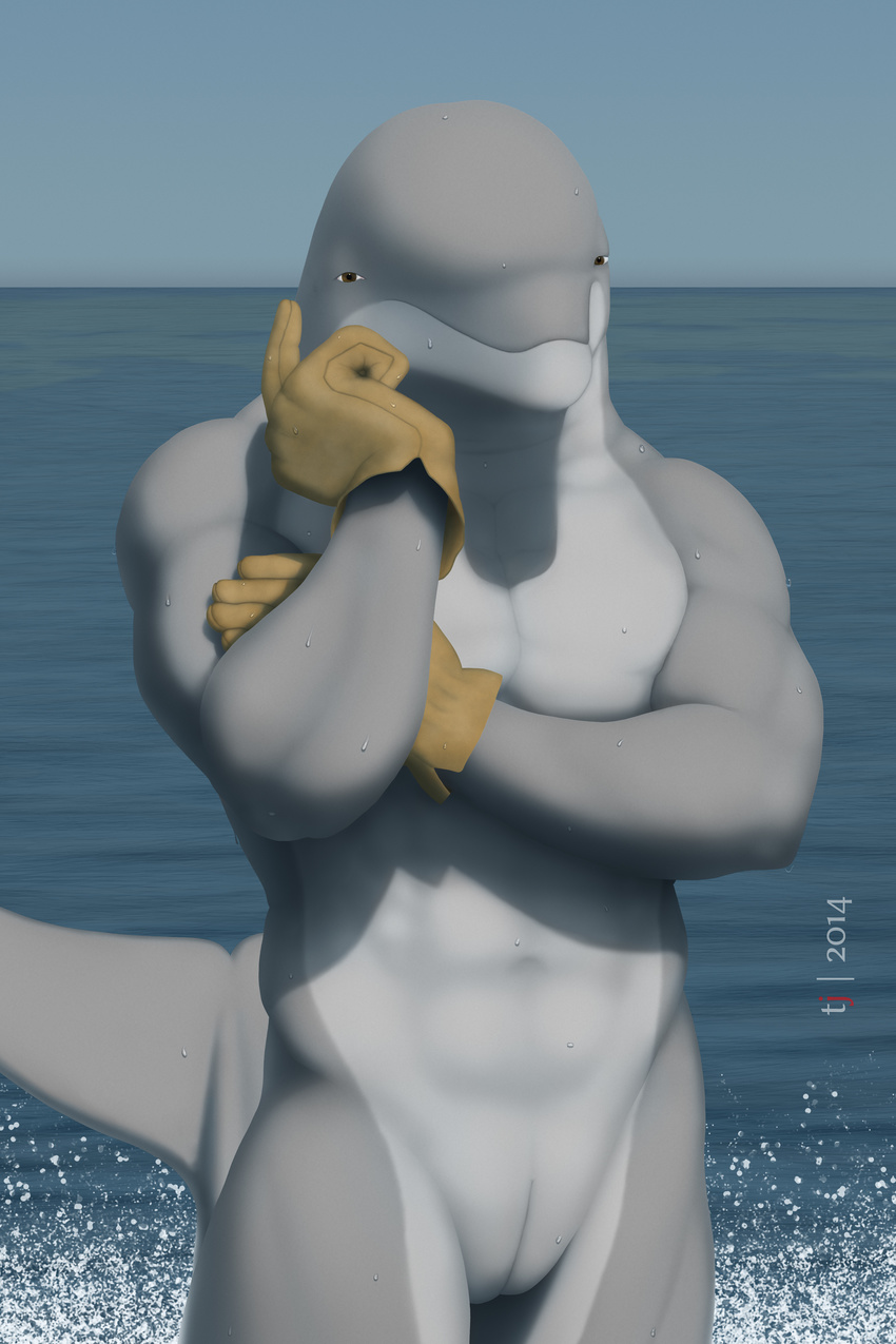 2014 4k abs anthro biceps cetacean clothing dolphin gloves kelp mammal marine muscular nude pecs photorealism portrait sea sky slit tjdolphin water water_droplets wave