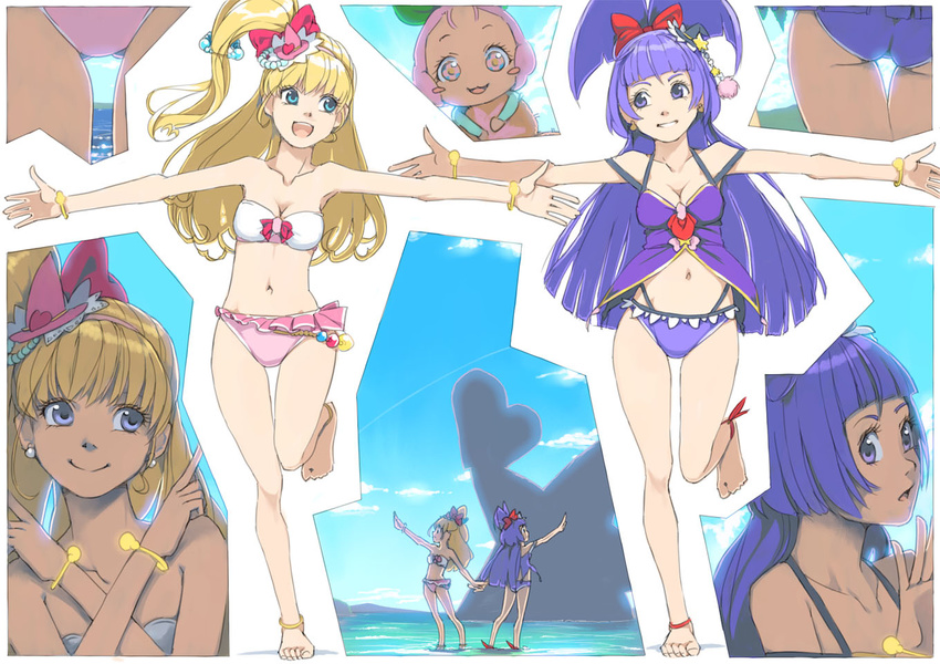 :d akinbo_(hyouka_fuyou) anklet asahina_mirai ass bad_id bad_pixiv_id bandeau bangs bikini blonde_hair blue_eyes blue_hair blunt_bangs blush_stickers bracelet breasts cleavage commentary_request cure_magical cure_miracle earrings grin ha-chan_(mahou_girls_precure!) hair_ornament hat izayoi_liko jewelry long_hair looking_at_another looking_at_viewer mahou_girls_precure! medium_breasts multiple_girls navel open_mouth outstretched_arms pink_hair precure side_ponytail smile swimsuit teeth