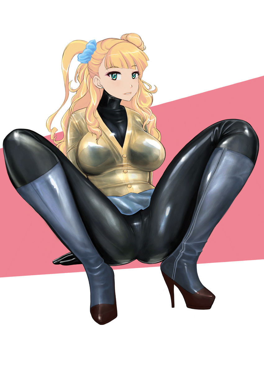 adapted_costume aqua_eyes arm_support asymmetrical_hair bangs black_bodysuit blonde_hair blue_eyes bodysuit boots breasts buttons cardigan earrings eyebrows eyebrows_visible_through_hair eyelashes full_body galko hair_ornament hair_scrunchie high_heel_boots high_heels highres jewelry komii large_breasts latex latex_boots long_hair long_sleeves looking_at_viewer miniskirt one_side_up oshiete!_galko-chan parted_lips scrunchie shiny shiny_clothes side_bun sitting skin_tight skirt solo spread_legs wavy_hair