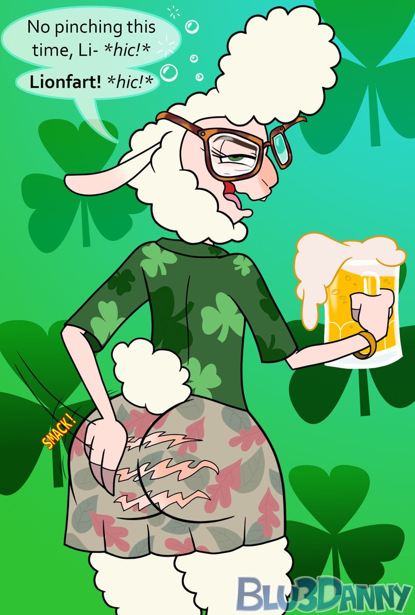 2016 alcohol anthro beer beverage big_butt blu3danny butt caprine clothing cup dawn_bellwether disney drunk female food hand_on_butt holidays looking_back mammal rear_view sheep solo st._patrick's_day torn_clothing zootopia