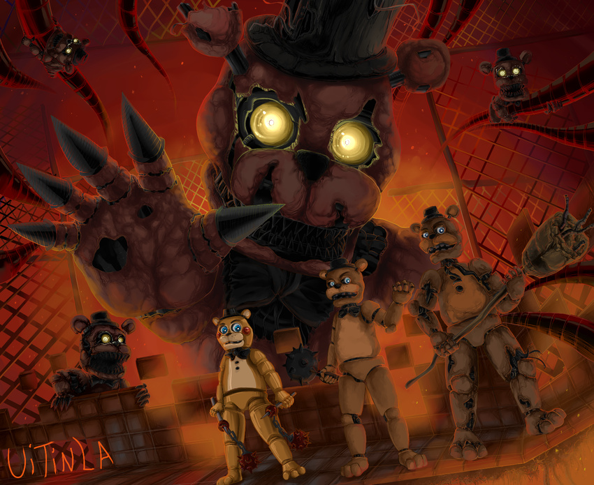 2016 animatronic athro bear blue_eyes bow_tie claws dream endoskeleton five_nights_at_freddy's five_nights_at_freddys_2 five_nights_at_freddys_4 flail freddy glowing glowing_eyes group hat hi_res mace machine male mammal melee_weapon monster nightmare nightmare_freddy_(fnaf4) robot smile teeth top_hat toy_freddy_(fnaf2) uitinla video_games weapon yellow_eyes