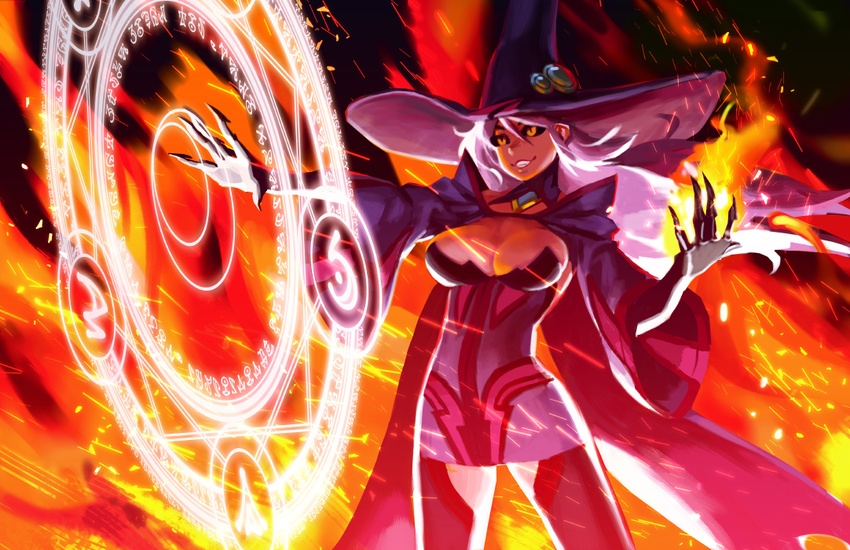 black_sclera blazblue breasts cleavage doyora hat konoe_a_mercury large_breasts long_hair pink_hair solo witch_hat yellow_eyes