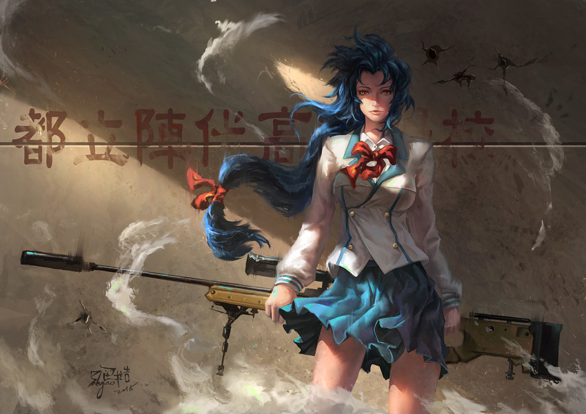 absurdres ai_arctic_warfare balagao bipod blue_hair bolt_action chidori_kaname full_metal_panic! gun highres jindai_high_school_uniform long_hair low-tied_long_hair rifle scope sniper_rifle solo suppressor weapon wind