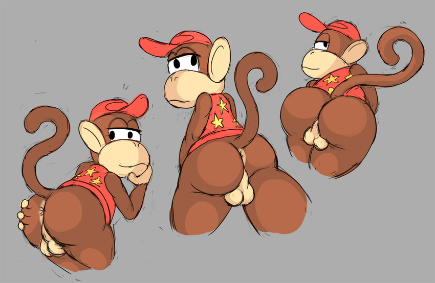 2016 anus balls big_butt bottomless brown_fur butt clothed clothing diddy_kong digital_media_(artwork) donkey_kong_(series) fur ikiki looking_at_viewer male mammal monkey nintendo primate rear_view simple_background video_games