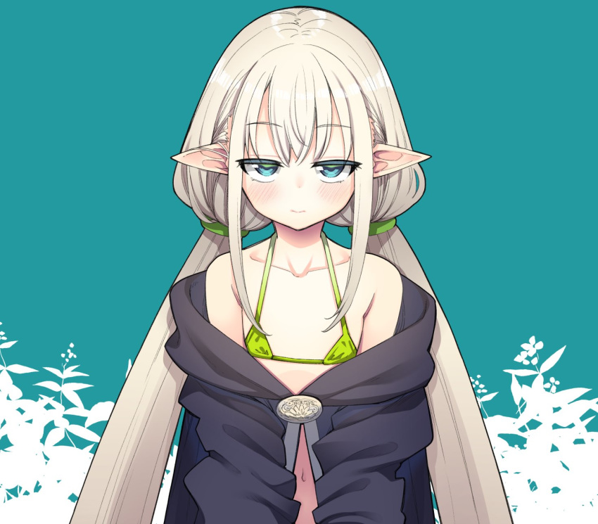 1girl akino_sora bangs bikini blonde_hair blue_background blush closed_mouth coat copyright_request elf eyebrows_visible_through_hair green_bikini highres long_hair looking_at_viewer low-tied_long_hair micro_bikini navel off_shoulder pointy_ears solo swimsuit upper_body