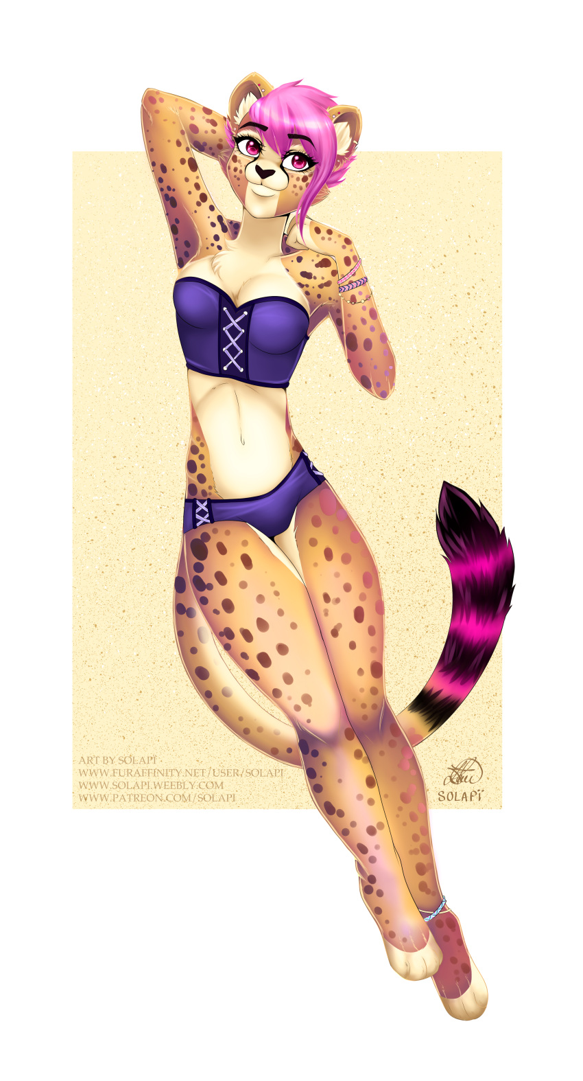 bracelet cheetah clothing feline female hair jewelry mammal pink_hair solapi_(artist) solo swimsuit