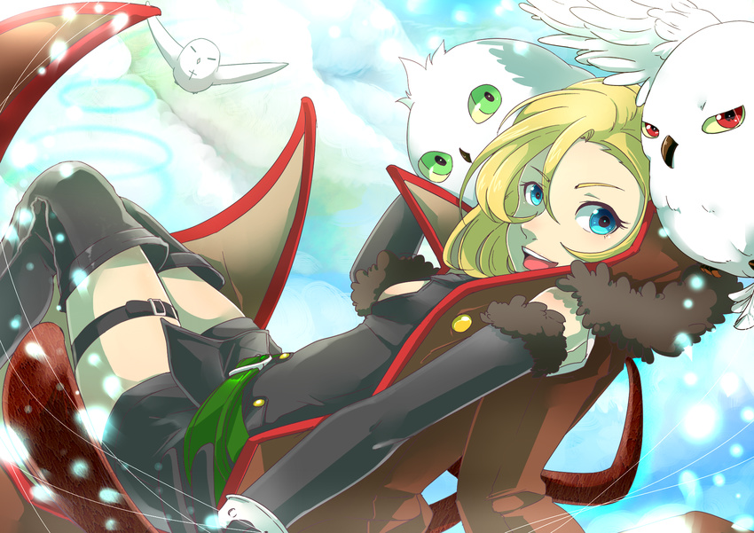 artemis_(junketsu_no_maria) artemis_(junketsu_no_maria)_(bird) belt bird black_footwear blonde_hair blue_eyes boots cloud day ezekiel_(junketsu_no_maria) ezekiel_(junketsu_no_maria)_(bird) flying foreshortening highres junketsu_no_maria looking_at_viewer maria_(junketsu_no_maria) owl pigeon priapus_(junketsu_no_maria) priapus_(junketsu_no_maria)_(bird) short_hair sky tanoshi