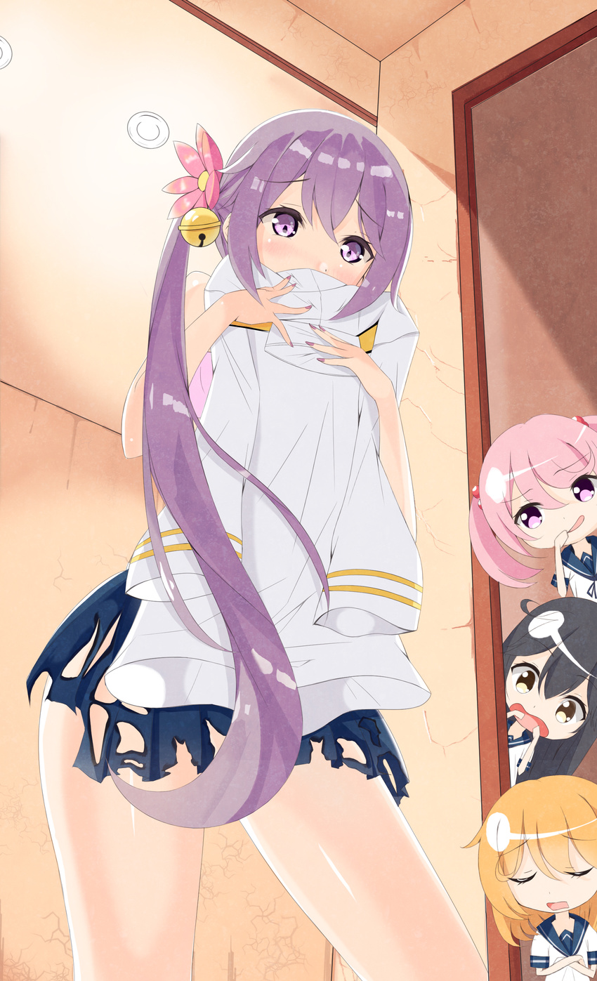 absurdres ahoge akebono_(kantai_collection) bad_id bad_nicoseiga_id bangs bare_shoulders bell black_hair blush closed_eyes clothes_sniffing commentary_request crossed_arms doorway flower hair_bell hair_bobbles hair_flower hair_ornament highres jingle_bell kanikou kantai_collection long_hair multiple_girls oboro_(kantai_collection) open_mouth orange_hair pink_eyes pink_hair purple_eyes purple_hair sazanami_(kantai_collection) school_uniform serafuku shiny shiny_hair short_hair short_sleeves side_ponytail skirt smelling swept_bangs torn_clothes torn_skirt twintails ushio_(kantai_collection) very_long_hair