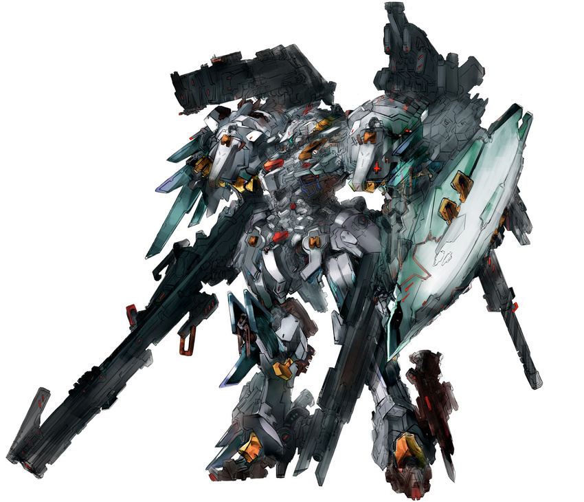 comitia commentary_request gond gun highres huge_weapon knife mecha multiple_wielding no_humans original rifle science_fiction shield shoulder_cannon simple_background solo standing weapon white_background