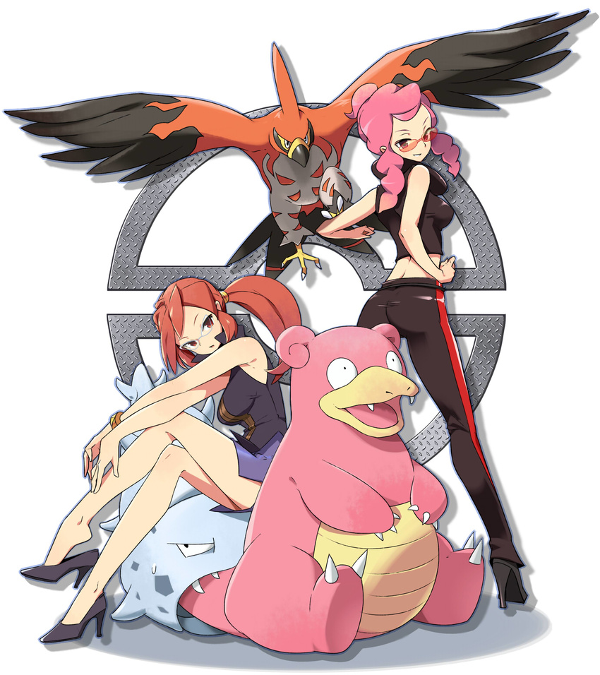 ass bare_shoulders bird bracelet braid breasts claws crop_top crossed_legs elite_four fangs gen_1_pokemon gen_6_pokemon glasses grin high_heels highres jewelry kanna_(pokemon) large_breasts long_hair looking_back multiple_girls no_socks pachira_(pokemon) pants pink_hair poke_ball_print pokemon pokemon_(creature) pokemon_(game) pokemon_frlg pokemon_xy ponytail red_eyes red_hair shiny shiny_hair shoe_dangle short_ponytail sidelocks sitting skirt slowbro smile sunglasses sweatdrop tail talonflame talons team_flare tm_(hanamakisan) twin_braids