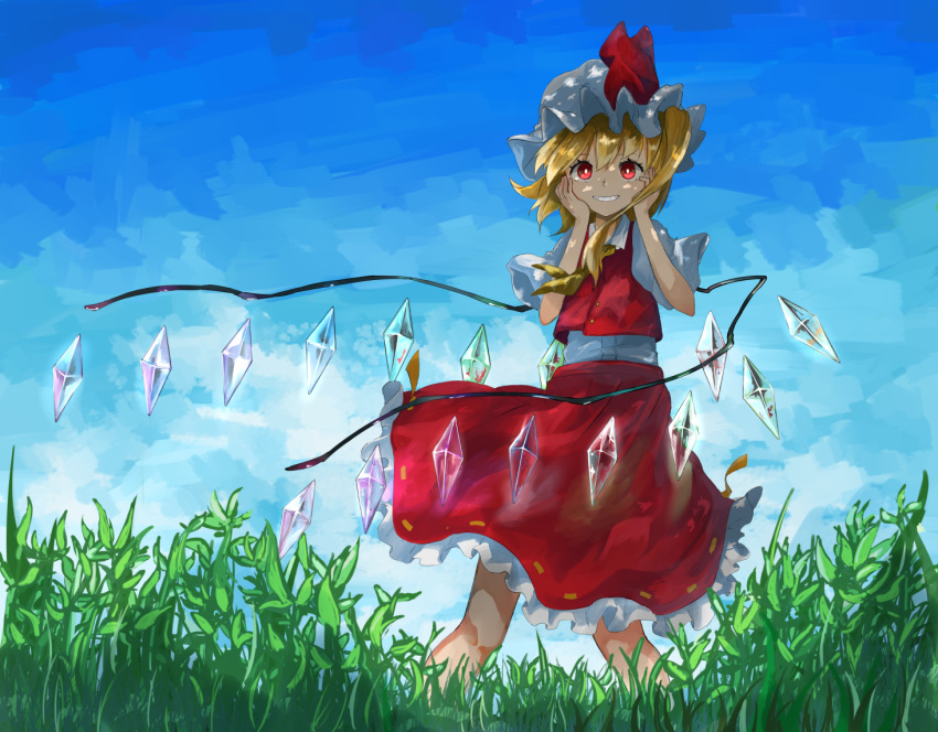 1girl blonde_hair blue_sky bright_pupils cloud contrapposto cowboy_shot cravat crystal dappled_sunlight day flandre_scarlet grin hair_between_eyes hands_on_own_face hat looking_at_viewer mob_cap outdoors petticoat psyren2 puffy_short_sleeves puffy_sleeves red_eyes red_skirt red_vest shirt short_hair short_sleeves side_ponytail skirt sky smile solo standing sunlight tall_grass teeth touhou vest white_pupils white_shirt wind wind_lift wings yellow_neckwear