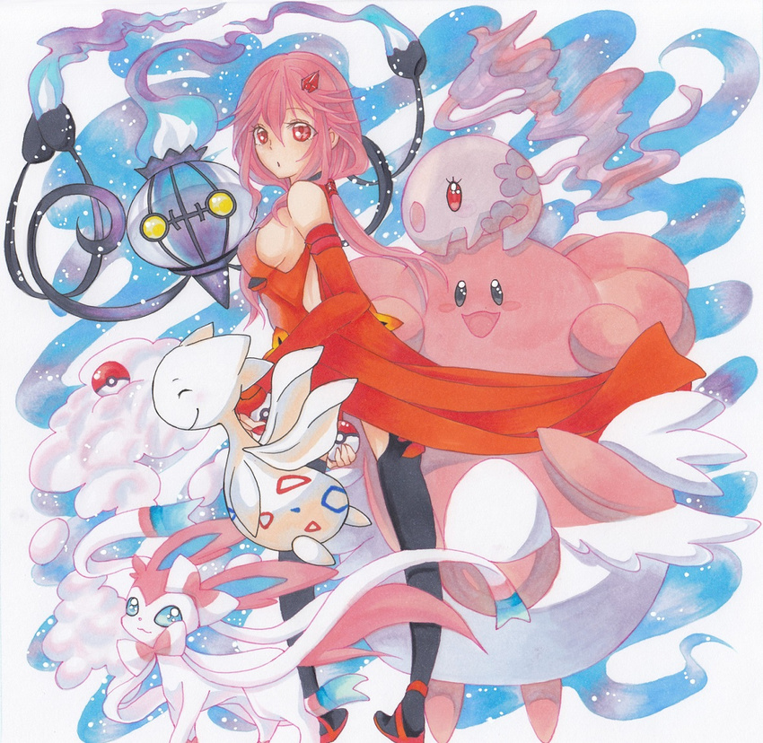 bare_shoulders black_legwear blissey breasts center_opening chandelure commentary_request crossover detached_sleeves elbow_gloves fingerless_gloves gen_2_pokemon gen_5_pokemon gen_6_pokemon gloves guilty_crown hair_ornament hairclip looking_at_viewer marker_(medium) medium_breasts munna pink_hair poke_ball pokemon pokemon_(creature) red_eyes sarina_(tosiyukiryousuke) sylveon togetic traditional_media twintails yuzuriha_inori