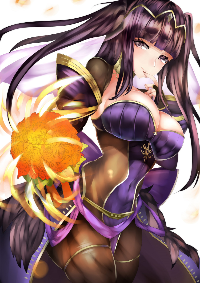 1girl absurdres black_dress black_eyes black_hair bouquet breasts bridal_gauntlets cleavage closed_mouth covered_navel dress fingernails fire_emblem fire_emblem:_kakusei fire_emblem_heroes flower highres holding holding_bouquet large_breasts long_hair nintendo simple_background skin_tight smile solo tea_texiamato tharja tiara twintails white_background