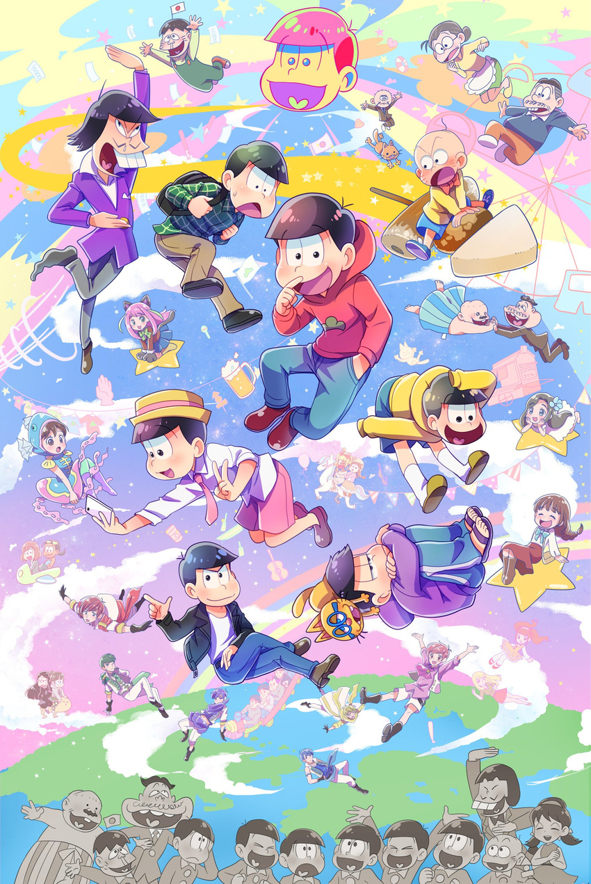 ;) absurdres backpack bag bald banner beer_mug beret black_hair blazer blonde_hair blue_hair bow bowl_cut braid brothers brown_hair buck_teeth cat cellphone chibimi chibita child chin_rest choroko_(osomatsu-san) dark_skin dark_skinned_male dayoon dekapan denim dress dress_shirt esper_nyanko everyone f6 facial_hair family fish_hood flag floating flower flower_fairy_(osomatsu-kun) food food_stand formal fujoshi ganguro genderswap genderswap_(mtf) green_hair ground_vehicle hair_bow hair_flower hair_ornament hand_in_pocket hashimoto_nyaa hat hatabou head_flag heart heart_in_mouth highres hijirisawa_shonosuke holding_hands homoo... hood hoodie horse ichiko_(osomatsu-san) idol iyami iyayo jacket japanese_flag jeans juushiko_(osomatsu-san) juushimatsu's_girlfriend karako_(osomatsu-san) leather leather_jacket leg_hug long_hair long_skirt matsuno_choromatsu matsuno_ichimatsu matsuno_juushimatsu matsuno_karamatsu matsuno_matsuyo matsuno_matsuzou matsuno_osomatsu matsuno_todomatsu messy_hair money mori_girl multicolored_hair multiple_boys multiple_persona mustache natsuki_nori necktie oden office_lady one_eye_closed osoko_(osomatsu-san) osomatsu-kun osomatsu-san overalls pants phone pink_hair pink_neckwear plaid plaid_shirt porkpie_hat purple_hair red_hair runny_nose sandals sanematsu_(osomatsu-san) scarf school_uniform self_shot sextuplet_(osomatsu-kun) sextuplets sheeeh! shirt shirtless shorts siblings single_vertical_stripe skirt sleeves_past_wrists slippers smartphone smile socks star streaked_hair striped striped_pants suit sundress sweater sweater_dress tan time_paradox todoko_(osomatsu-san) track_pants train v vest whisker_markings wiping_nose yatai yowai_totoko