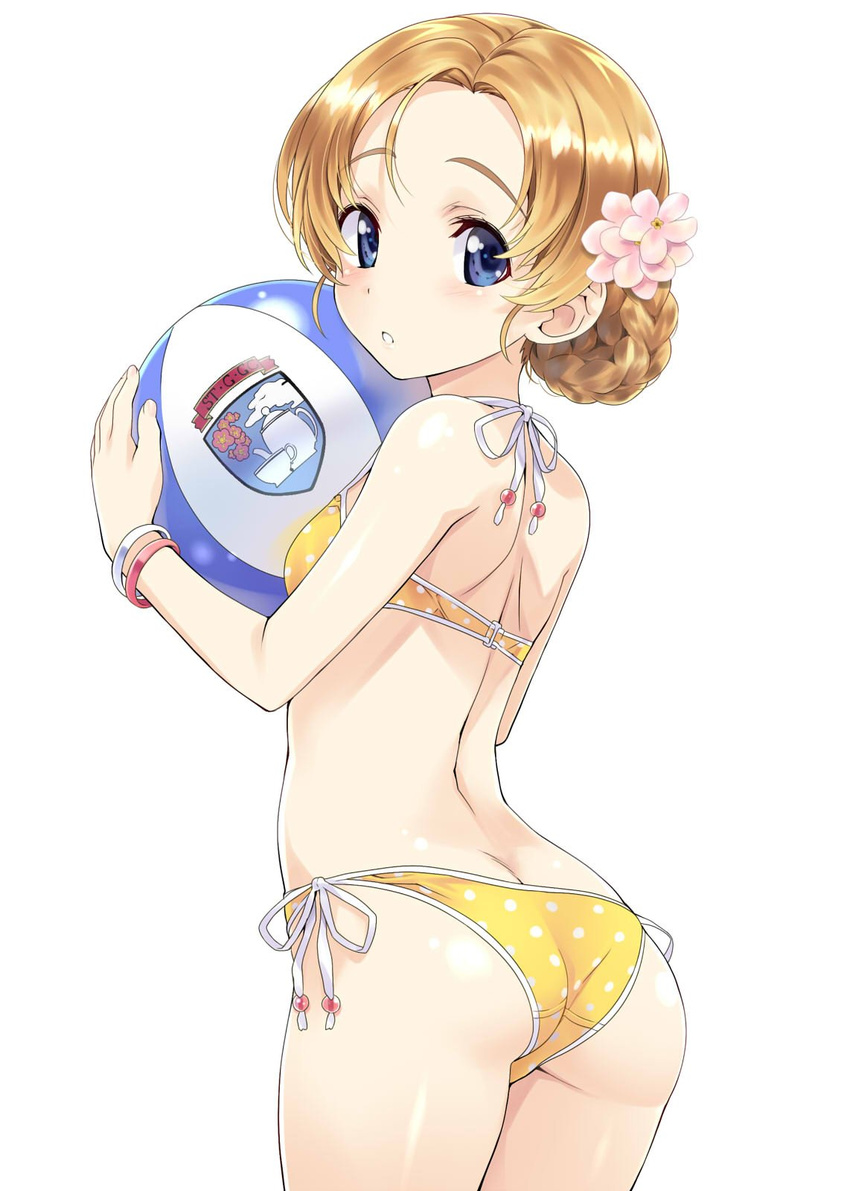 :o ass bikini blonde_hair blue_eyes braid butt_crack flower girls_und_panzer hair_flower hair_ornament highres looking_at_viewer looking_back nagayori orange_pekoe polka_dot polka_dot_bikini side-tie_bikini solo swimsuit white_background