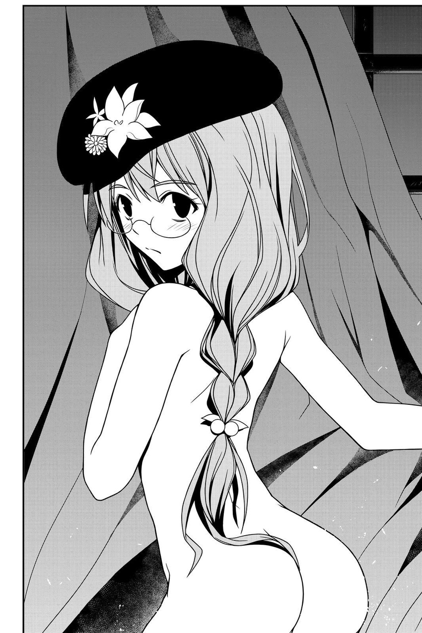 akamatsu_ken ass beret blush braid curtains flower from_behind glasses greyscale hat hat_flower highres long_hair looking_back monochrome non-web_source nude official_art sakurame_kirie semi-rimless_eyewear solo twin_braids under-rim_eyewear uq_holder!