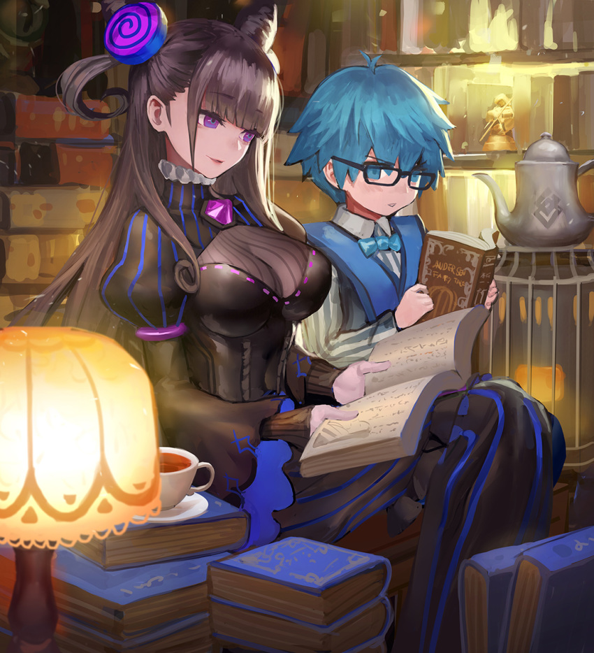 1boy 1girl bangs black_dress blue_eyes blue_hair bow bowtie breasts brown_hair danann double_bun dress eyebrows_visible_through_hair fate/extra fate/extra_ccc fate/grand_order fate_(series) frills glasses hair_between_eyes hair_ornament hans_christian_andersen_(fate) highres large_breasts long_hair long_sleeves looking_at_another male_focus murasaki_shikibu_(fate) puffy_sleeves purple_eyes smile two_side_up very_long_hair vest