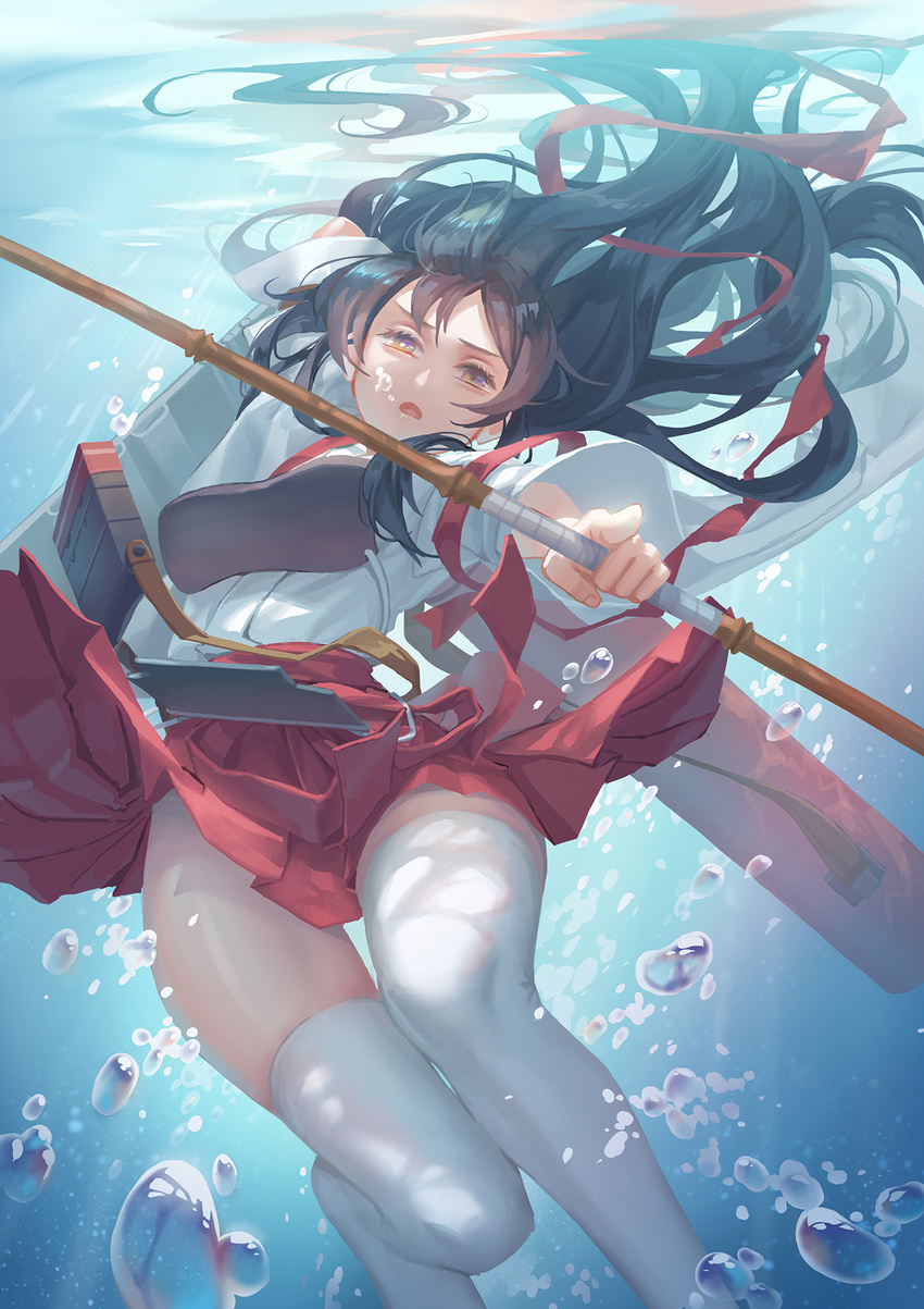 air_bubble akagi_(kantai_collection) arm_up bag belt black_hair bow_(weapon) brown_eyes bubble eyelashes floating_hair hakama_skirt highres holding holding_weapon japanese_clothes kantai_collection karesuki long_hair long_sleeves muneate no_shoes nontraditional_miko open_mouth outstretched_arm quiver red_ribbon red_skirt ribbon skirt skirt_lift solo tasuki thigh_gap thighhighs underwater untied weapon white_legwear wide_sleeves