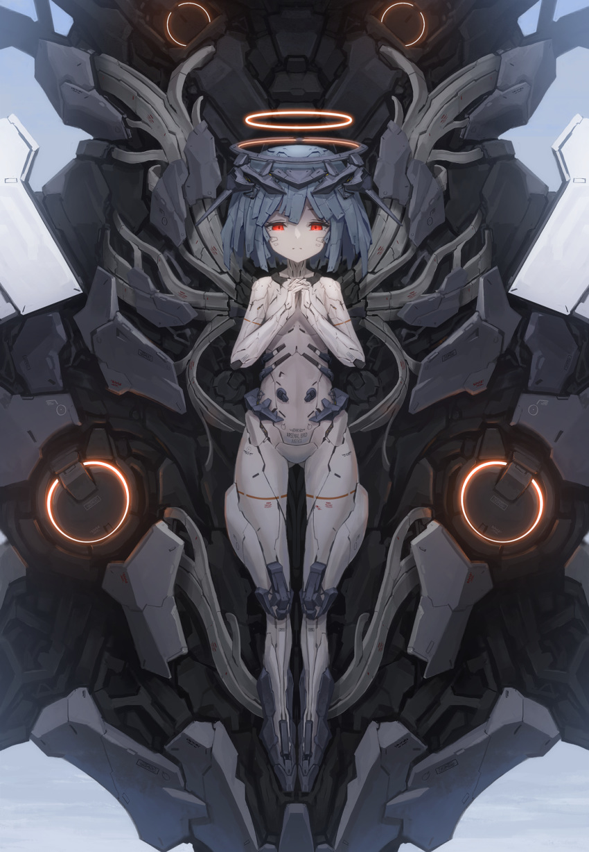 1girl ace_combat ace_combat_7 arsenal_bird blue_hair breasts half-closed_eyes halo hands_clasped headgear highres mecha_musume no_feet own_hands_together pale_skin personification red_eyes robot_joints small_breasts tom-neko_(zamudo_akiyuki) weapon